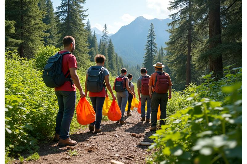 Group of diverse volunteers cleaning up a national park trail