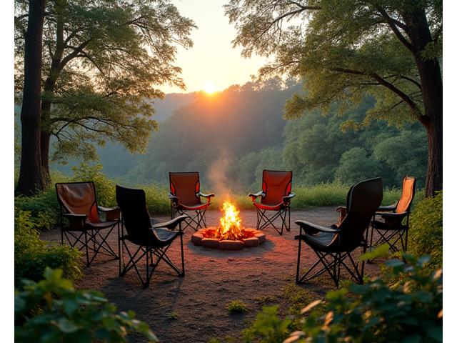 Group of diverse camping chairs set up around a campfire in the woods, showing different styles from compact to luxury.