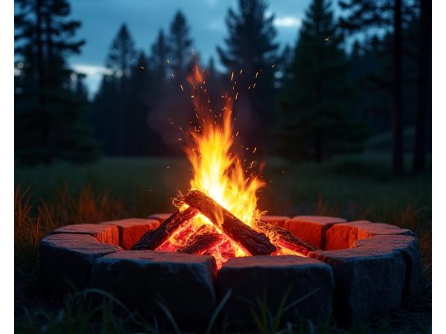 Safe campfire burning within a ring, sparks ascending into a dark forest night
