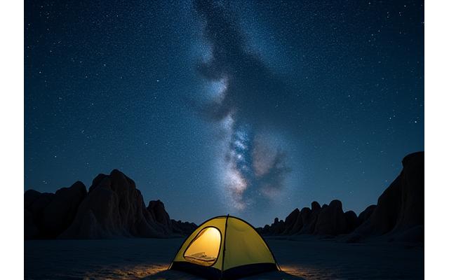 Night sky filled with stars over a tent in the Californian desert.
