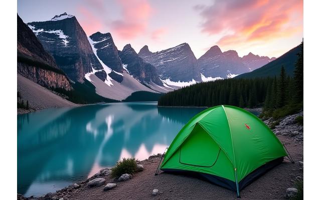 A tent set up at sunrise in the Canadian Rocky Mountains with an alpine lake.